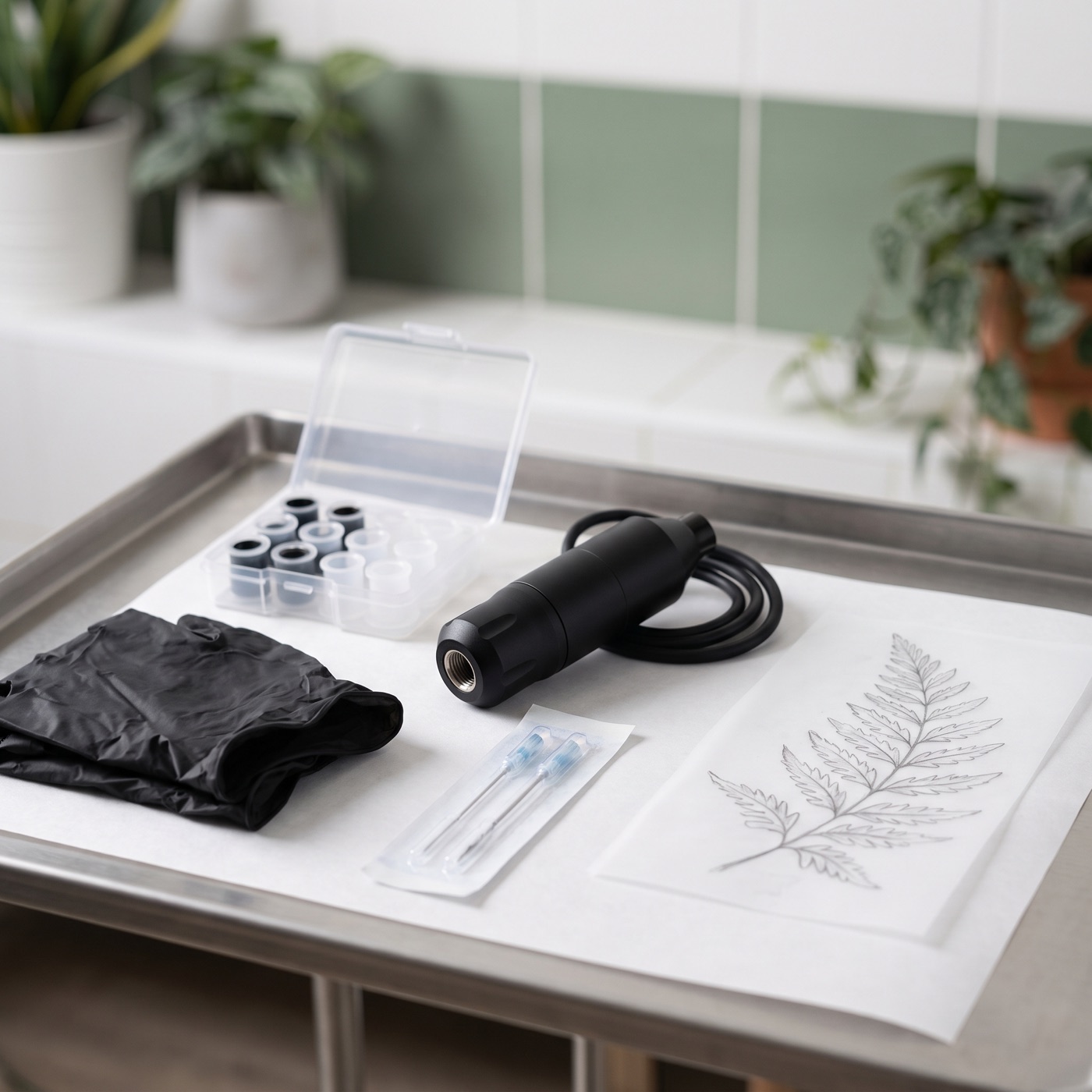A neat workstation with a hand-drawn fern sketch