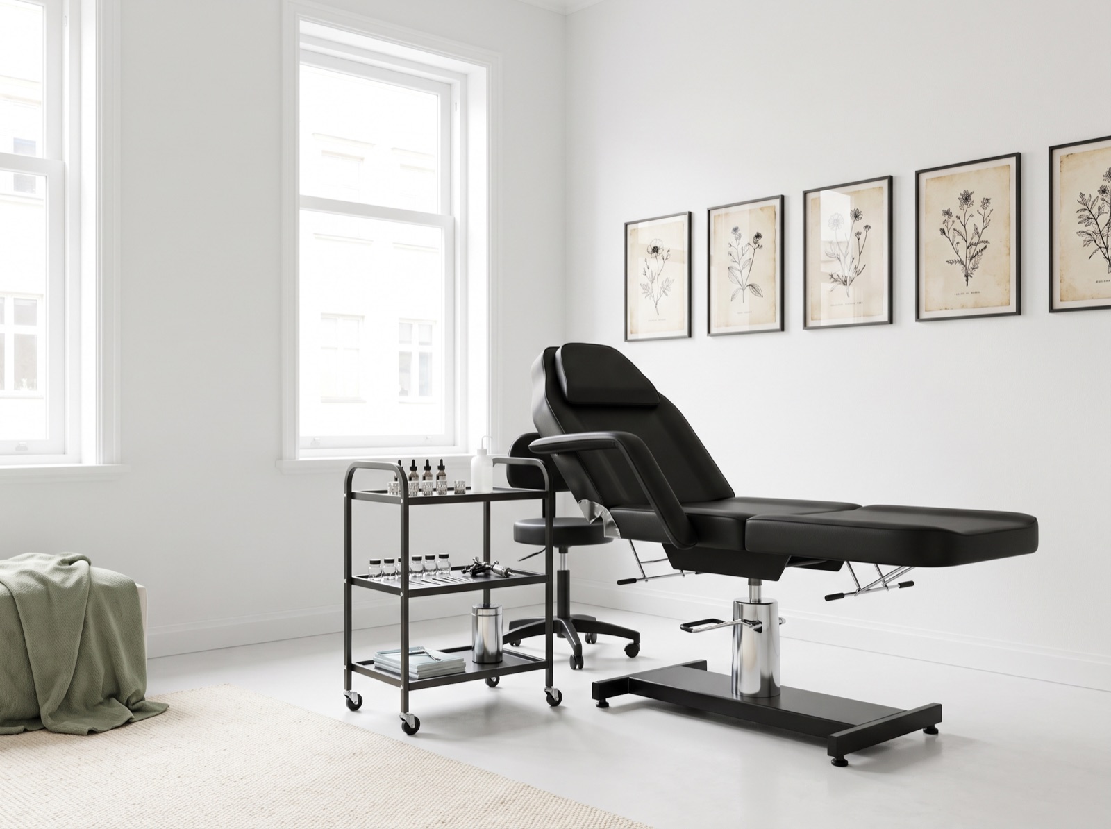 A sleek black tattoo chair and cart in the bright Zaycheza Studio