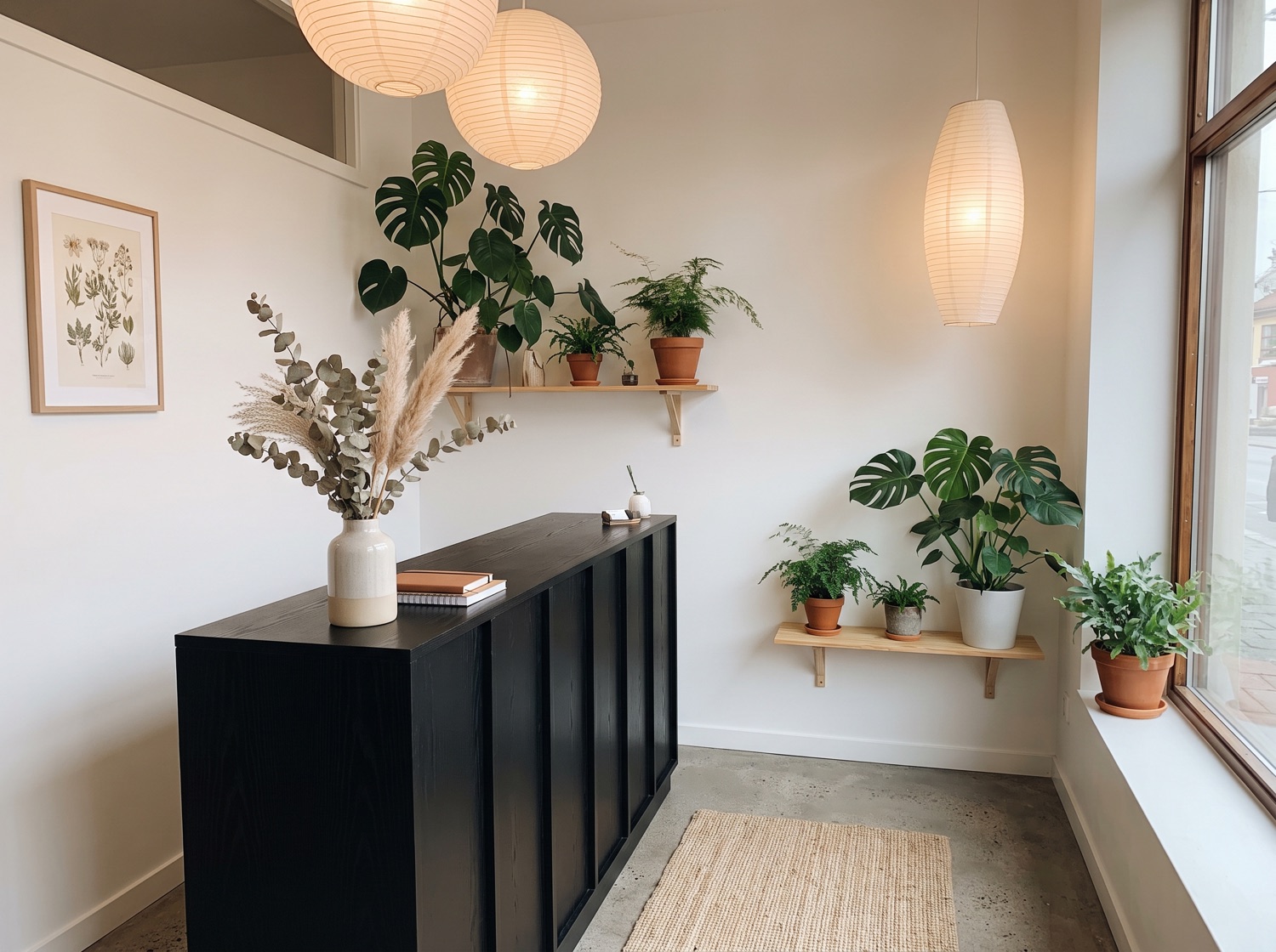The tidy reception corner of Zaycheza Studio with dried botanicals and greenery