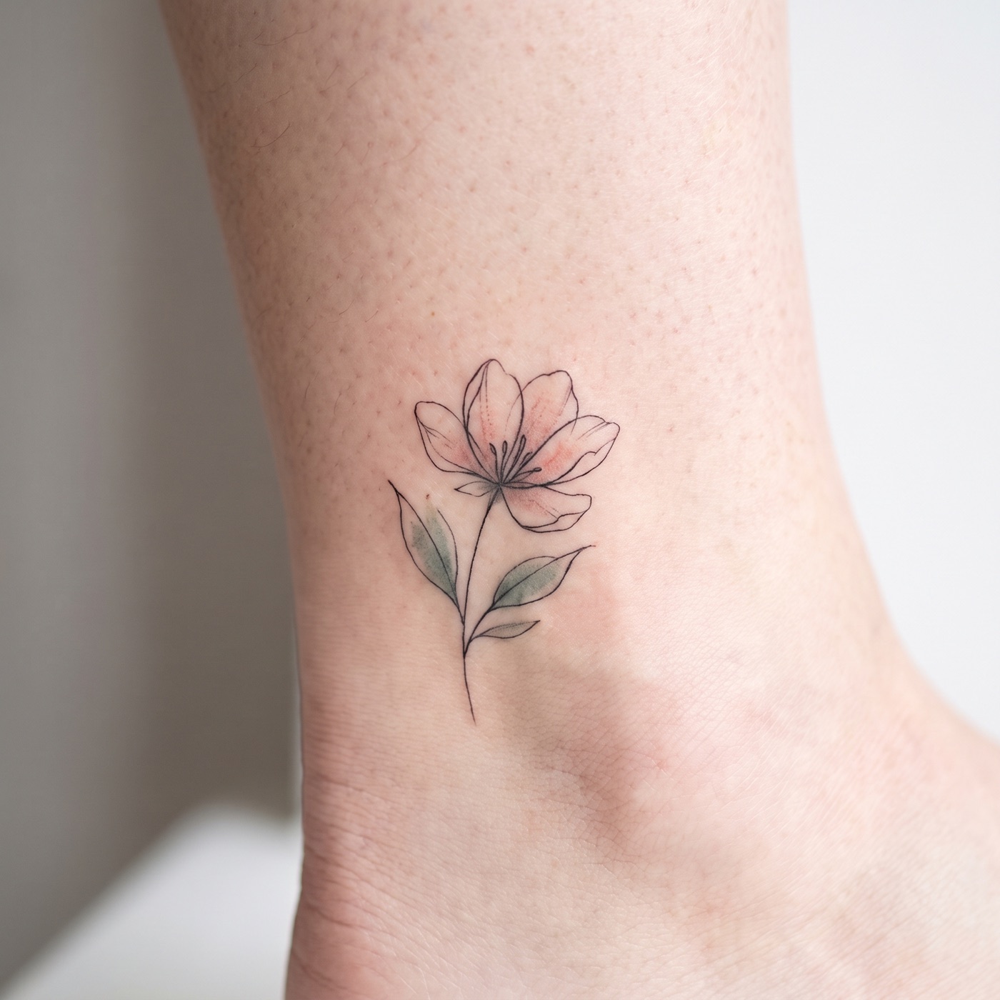 Small fine-line floral tattoo in sage and blush tones on an ankle